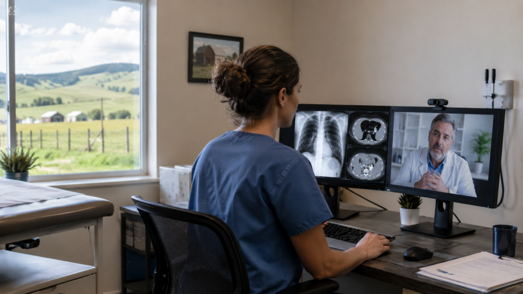 Healthcare worker on a zoom call with a teleradiology expert