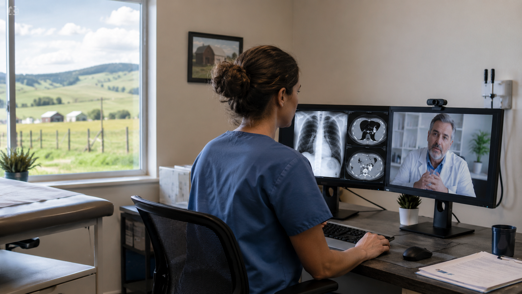 Healthcare worker on a zoom call with a teleradiology expert
